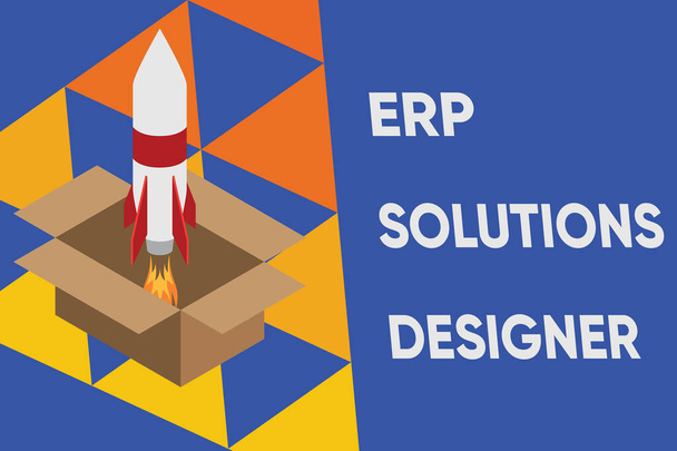 Metin işareti Erp Solutions Designer 'ı gösteriyor. Entellektüel fotoğraf optimize edilmiş ve yeniden kullanılabilir roket fırlatma kutusu. Projeyi başlatıyorum. Yakıt ilham. - Fotoğraf, Görsel