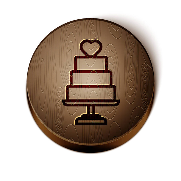 Línea marrón Pastel de boda con icono del corazón aislado sobre fondo blanco. Botón círculo de madera. Ilustración vectorial
 - Vector, imagen