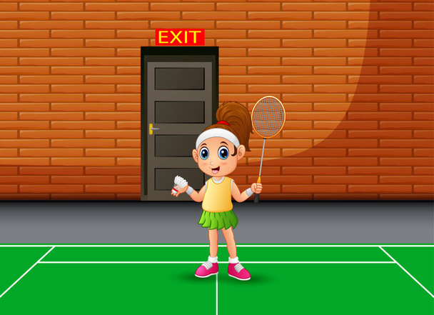 szczęśliwy chłopiec grać badminton wewnątrz - Wektor, obraz