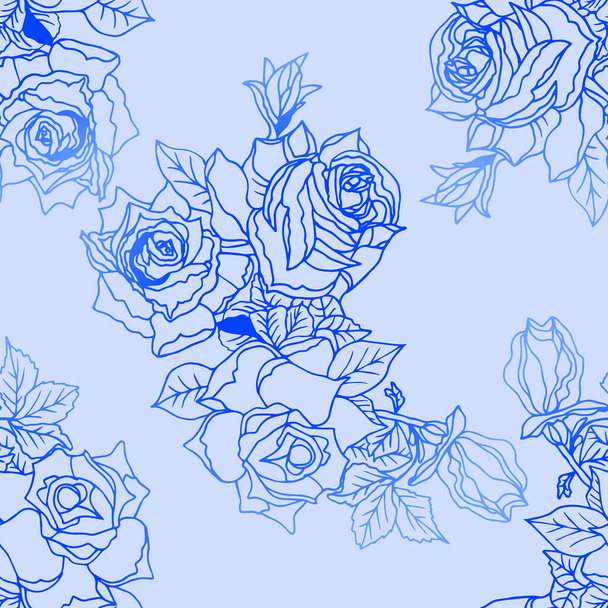 Seamless pattern with blue contour of bouquets of roses and leaves on light blue. - Вектор, зображення
