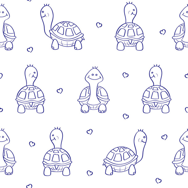 Seamless cute turtles and hearts. Hand drawn iluustration with cartoon animals isolated on white.  - Vector, Image