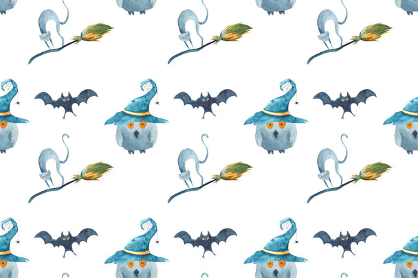 Watercolor Halloween seamless pattern.Cat, bat, broom, owl, wizard's hat. - Foto, Imagem