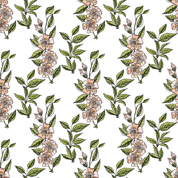 Seamless background with beige apple flowers and leaves on white. - Vetor, Imagem