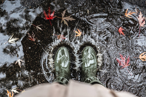 Voeten in olijfgroene rubberen laarzen staande in een plas met gevallen bladeren en het maken van spatten. - Foto, afbeelding