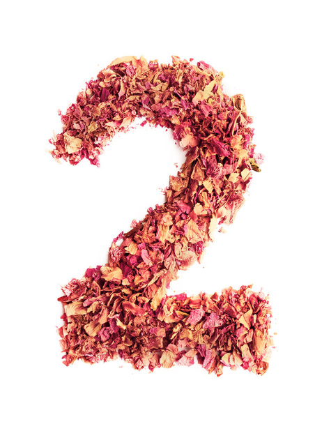 Number 2, made of rose petals, isolated on white background. Food typography. Design element - Foto, Bild