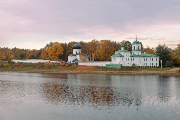 The Mirozhsky monastery. Spaso-Preobrazhensky Cathedral (12th century) and Stefanovskaya Church (17th century), Pskov, Russia - Zdjęcie, obraz
