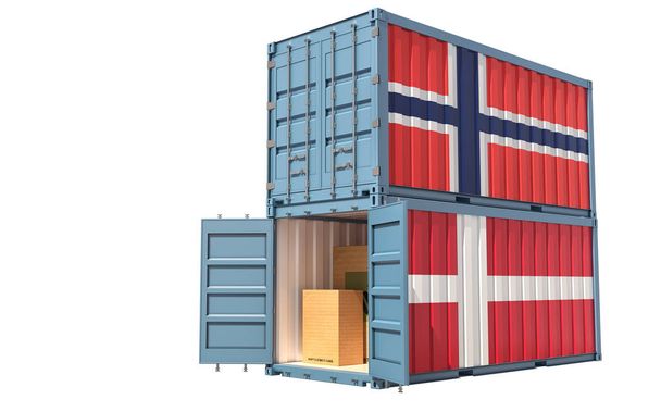 Dva nákladní kontejnery s vlajkou Norska a Dánska. Izolováno na bílo - 3D vykreslování - Fotografie, Obrázek