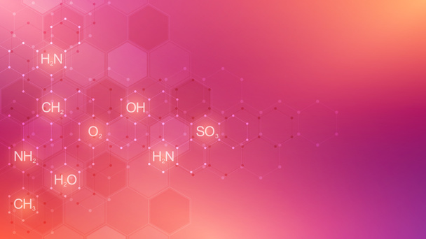 Abstrakcyjny wzór chemiczny na fioletowym tle ze wzorami chemicznymi i strukturami molekularnymi. Koncepcja technologii naukowych i innowacyjnych. - Zdjęcie, obraz