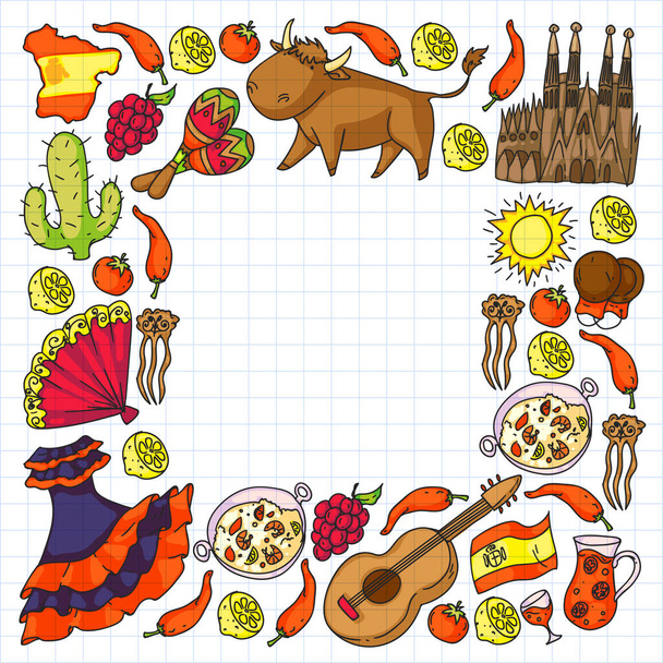 スペインベクトルパターン。スペインの伝統的なシンボルとオブジェクト. - ベクター画像