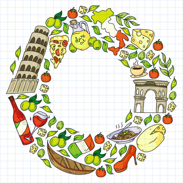 Italy vector elements and icons. Doodle pattern with italian culture, cities Roma, Venice, Milan, cheese, wine. - Vector, Image