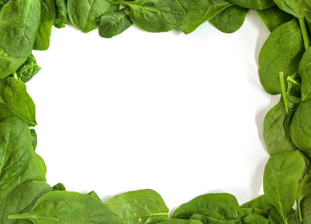 Frame border from fresh spinach leaves isolated on a white background, copy space, high angle top view from above - Foto, Imagem
