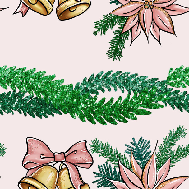 Patrón sin costuras de fondo de Navidad - Flor de Navidad, ramas de pino y flores de Navidad
 - Foto, Imagen