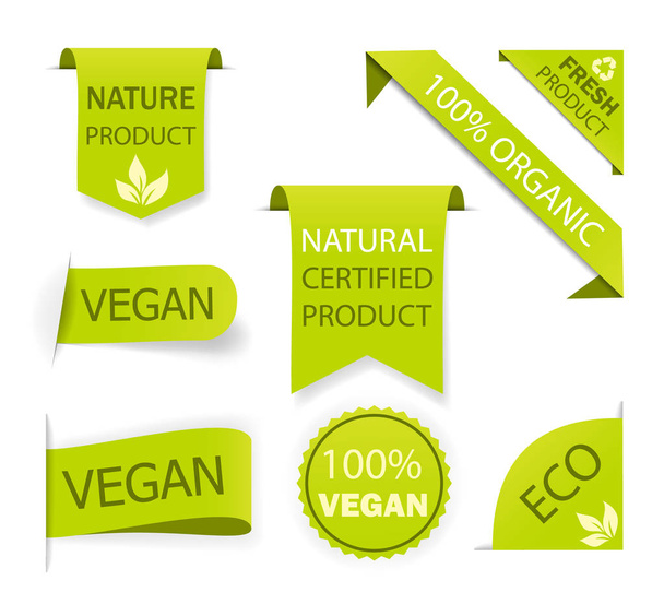 Naturaleza saludable emblema vegano orgánico. Etiqueta de nutrición fresca, logotipo. Etiquetas ecología alimentos. Set certificado producto de bio, eco. Diseñe etiquetas ecológicas.Insignias saludables para la nutrición de la dieta vegetariana. vector icono conjunto
 - Vector, Imagen