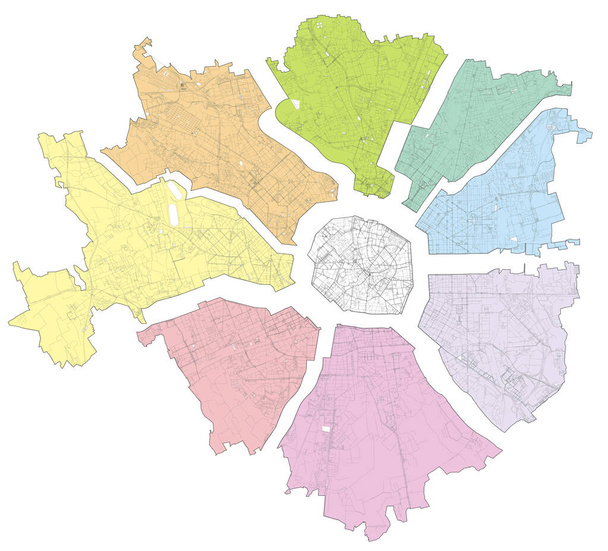 Супутникова карта Мілана розділена на зони та муніципалітети. Вулиці. Італія - Вектор, зображення