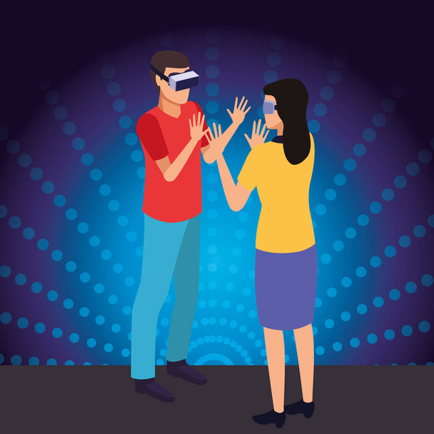 virtual reality technology experience cartoon on blue digital background - Vector, Image