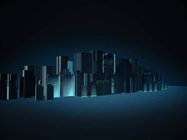 3D візуалізація силуету міста синього на темному фоні.абстрактне місто
. - Фото, зображення