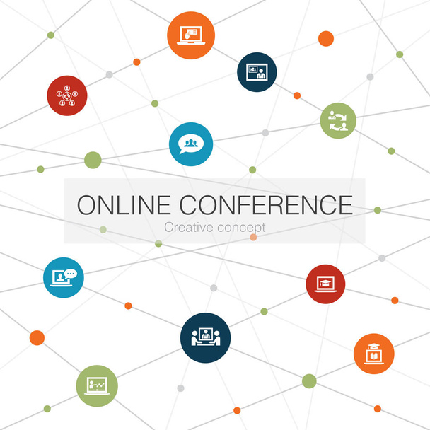 online konference trendy webové šablony s jednoduchými ikonami. Obsahuje takové prvky jako skupinový chat, online učení, webinář - Vektor, obrázek