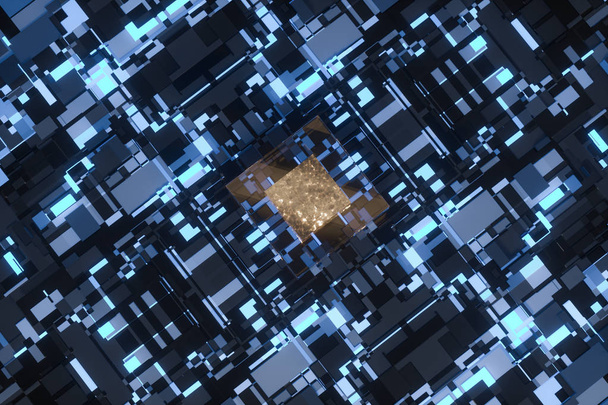 Circuit board met gloeiende kubus en lijnen, 3d rendering. - Foto, afbeelding