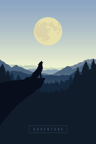 wolf on a cliff howls at full moon blue nature landscape - ベクター画像