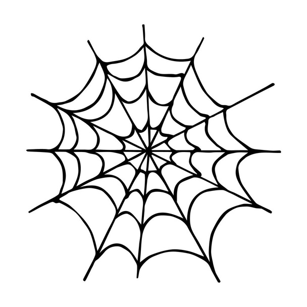 Monochromatyczna pajęcza pajęczyna Halloween na białym tle. Ilustracja wektora odizolowane straszne tło na październikową imprezę. Element dekoracyjny do kart zaproszeń, tekstyliów, nadruków i wzorów. - Wektor, obraz