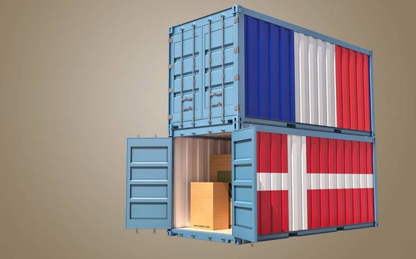 Dva nákladní kontejnery s vlajkou Francie a Dánska. 3D vykreslování - Fotografie, Obrázek