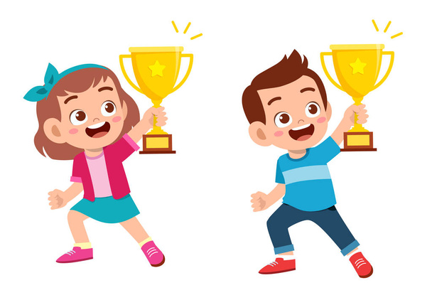 happy cute kids win game gold trophy - Vector, Image