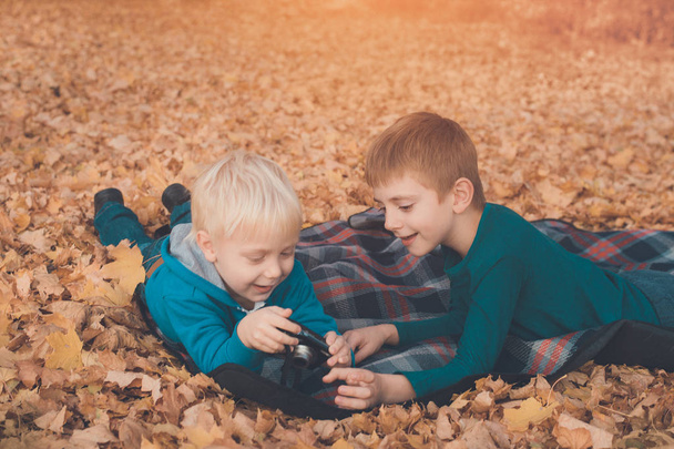 Kettő kicsi fivérek megnéz mozi-on fényképezőgép. A sárga őszi leveleken fekszik. Őszi nap - Fotó, kép