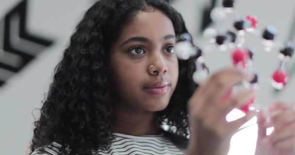 Closeup of african american student looking at molecular model - Πλάνα, βίντεο