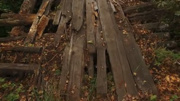Oude brug over bosbeek, rotte planken en boomstammen met grote gaten ertussen, gevaarlijk - Video