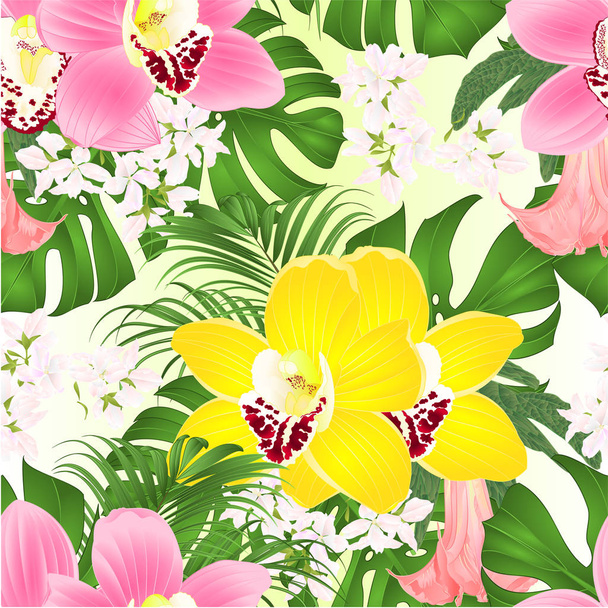熱帯の花の配置とシームレスなテクスチャ花束,美しいピンクと黄色の蘭のシンビウムと,ヤシ, pholodendronとBrugmansiaヴィンテージベクトルイラスト編集可能な手描き  - ベクター画像
