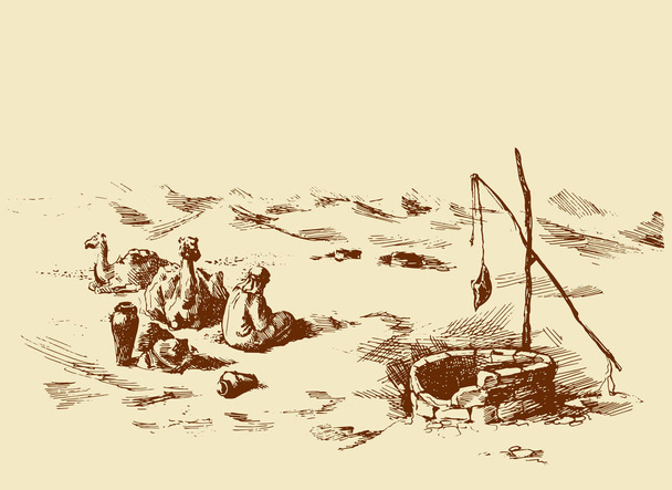 Muž a velbloudi na uschl dobře v poušti. Vektorové kreslení - Vektor, obrázek