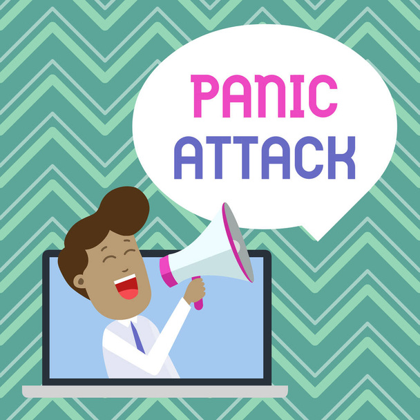 Text sign showing Panic Attack. Conceptual photo sudden periods of intense fear that may include palpitations Man Speaking Through Laptop into Loudhailer Blank Speech Bubble Announce. - Photo, Image