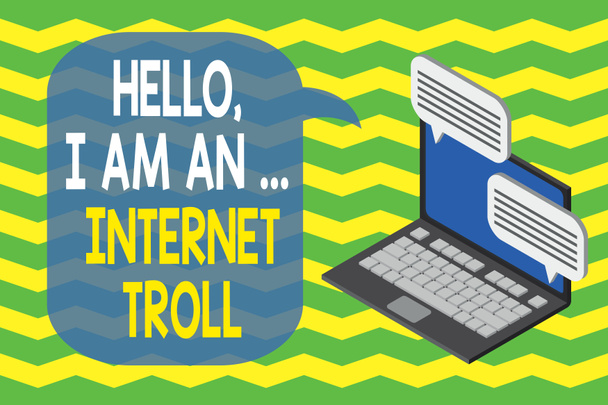Текст для написания слов Hello I Am An Internet Troll. Бизнес-концепция для социальных медиа беспокоит обсуждения аргументы Ноутбук получения отправки информации разговор текстовый интернет беспроводной
. - Фото, изображение