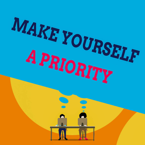 Text sign showing Make Yourself A Priority. Conceptual photo Think in your own good first demonstratingal development Two men sitting behind desk each one laptop sharing blank thought bubble. - Photo, Image