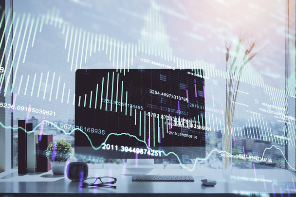 Forex market chart hologram and personal computer background. Double exposure. Concept of investment. - Photo, image