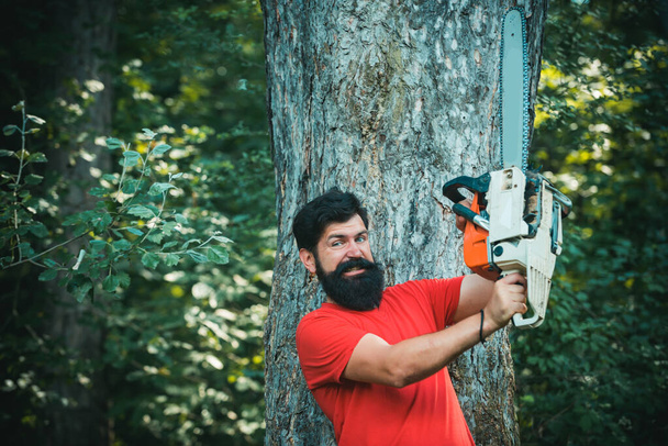 Lumberjack worker with chainsaw in the forest. Lumberjack on serious face carries chainsaw. The Lumberjack working in a forest. - Photo, image