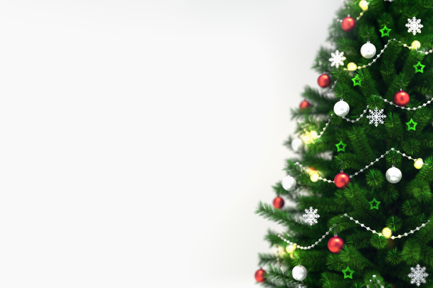 Albero di Natale decorato isolato su bianco, primo piano a destra, Natale vacanza 3D illustrazione sfondo
 - Foto, immagini