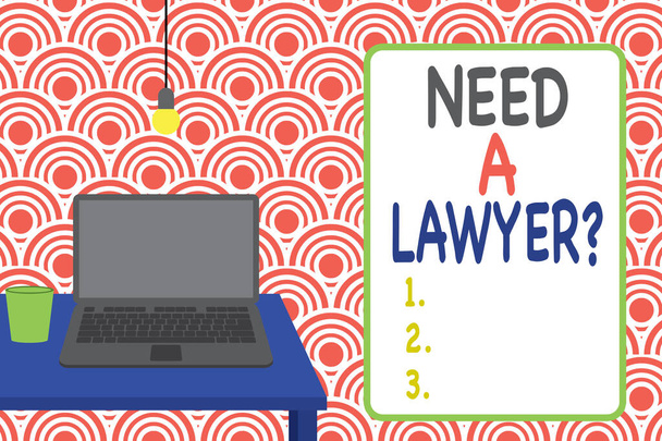 Conceptual hand writing showing Need A Lawyer Question. Business photo showcasing Legal problem Looking for help from an attorney Front view laptop lying on wooden desktop light bulb glass. - Zdjęcie, obraz