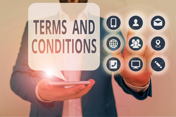 Conceptual hand writing showing Terms And Conditions. Business photo showcasing rules that apply to fulfilling a particular contract. - Photo, Image