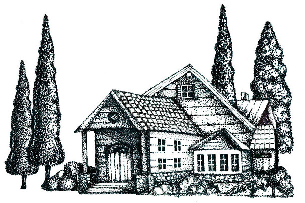 Bir kır evinin mimarisi, bir kırsal hacienda, bir yazlık ev, güney eyaletinde bir villa. El çizimi ve noktalar, beyaz arkaplanda grafikler. - Fotoğraf, Görsel