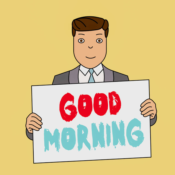 Jó reggelt kívánok. Üzleti fotó bemutatja a jó kívánságait találkozó vagy búcsú közben a reggeli mosolygós Man Holding Suit Plakát fórumon maga előtt. - Fotó, kép