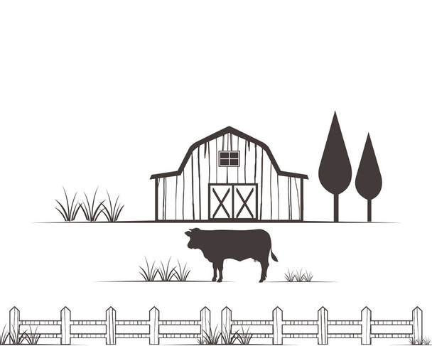 agricultura de granja con granero y diseño de logotipo de vector de vaca
 - Vector, Imagen
