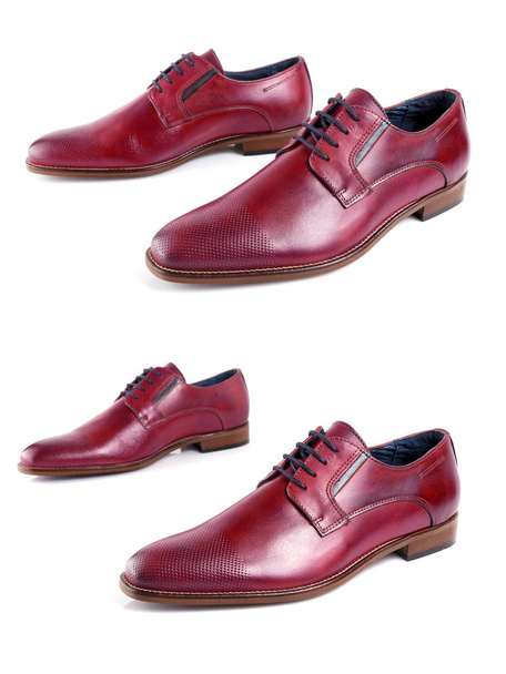 Male red leather elegant shoes on white background, isolated product. - Photo, Image