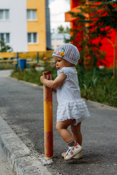Adorable girl having fun on summer day. a little girl stands on the transition path and clings to the fence, pipe - Photo, image