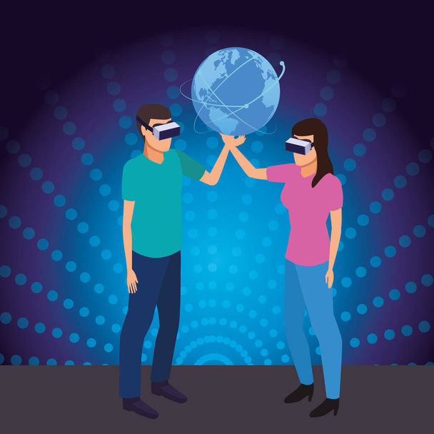 Virtual-Reality-Technologie Erfahrung Karikatur auf blauem digitalen Hintergrund - Vektor, Bild