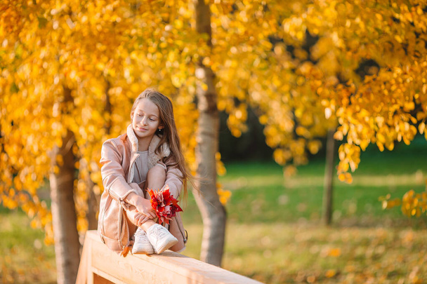 Portrait of adorable little girl with yellow leaves bouquet in fall - Photo, Image