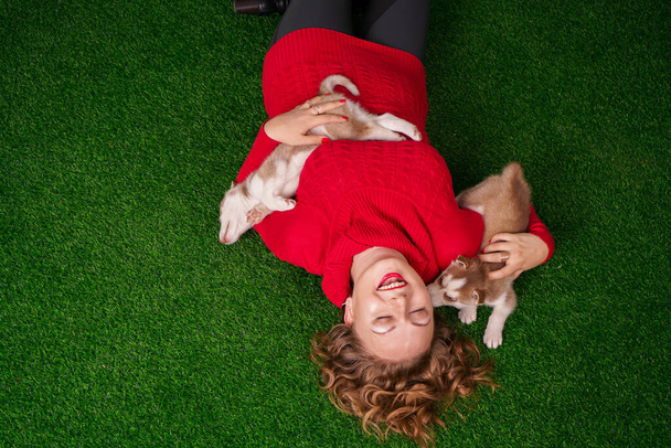 jolie caucasien plus taille femme en pull rouge avec deux chiots husky mignon sur herbe verte
 - Photo, image