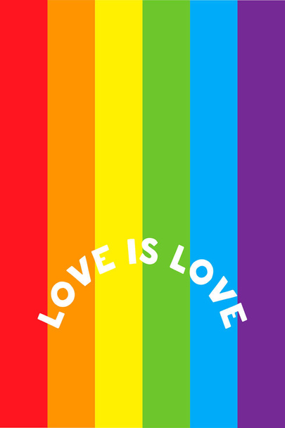 Love is love lettering on a rainbow pride flag. Vector LGBT rights concept. Modern poster, cards design - Vector, Image