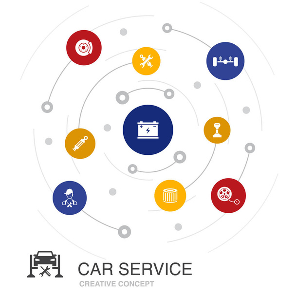 Servicio de coches concepto de círculo de colores con iconos simples. Contiene elementos tales como freno de disco, suspensión, piezas de repuesto
 - Vector, Imagen
