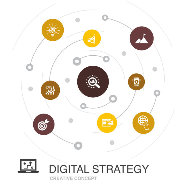digitale strategie gekleurde cirkel concept met eenvoudige pictogrammen. Bevat elementen zoals internet, Seo, content marketing - Vector, afbeelding